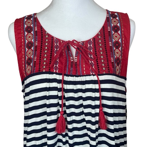 Hannah Blue White Stripe Red Boho Sleeveless Top Tassels Embroidery Large NWT - Picture 2 of 9